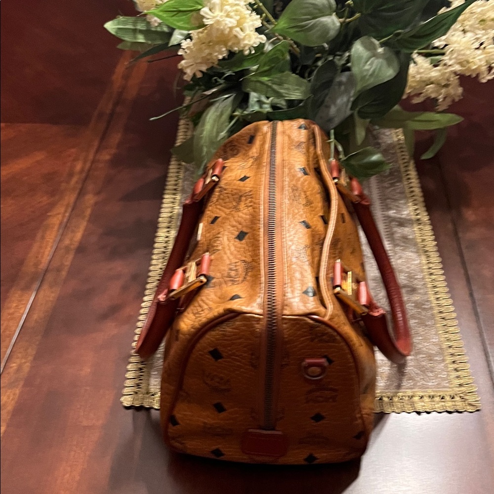 MCM Tan and Brown Satchel with Iconic Monogram and Leather Trim - Picture 3 of 10